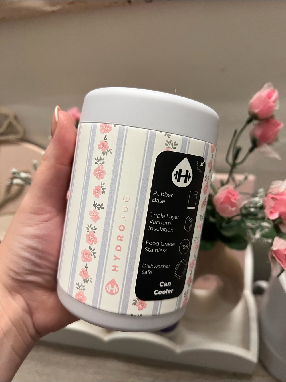 12 fl oz Brand New HydroJug Pink Floral Can Cooler with White Accents